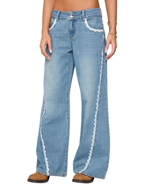 アディクテッド レディース ボトムス デニムパンツ ローライズ レース ジーンズ Edikted Alisha Lacey Low Rise Light Rinse Wash Jeans Blue-Washed ブルー