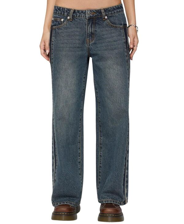 アディクテッド レディース ボトムス デニムパンツ ローライズ プチ コントラスト ジーンズ Edikted Petite Contrast Panelow Rise Dark Rinse Wash Jeans Dark-Blue ブルー