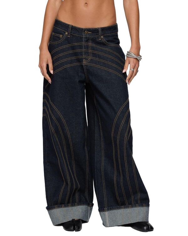 アディクテッド レディース ボトムス デニムパンツ ワイドレッグ ローライズ ジーンズ Edikted Cuffed Low Rise Wide Leg Jeans Indigo-Blue-Raw-Washed インディゴ