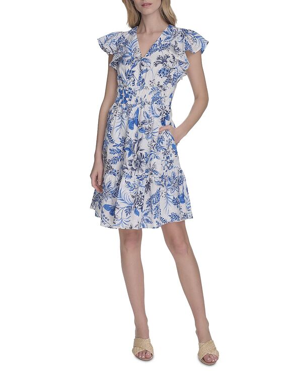 エリザジェイ レディース トップス ワンピース Vネック Eliza J V Neck Flutter Sleeve Dress Ivory Blue アイボリー