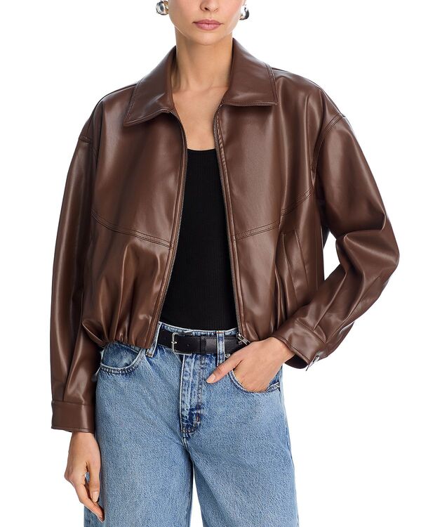 アクア レディース アウター ジャケット・ブルゾン レザー フェイクレザー AQUA Faux Leather Bubble Hem Bomber Jacket - Exclusive Brown ブラウン
