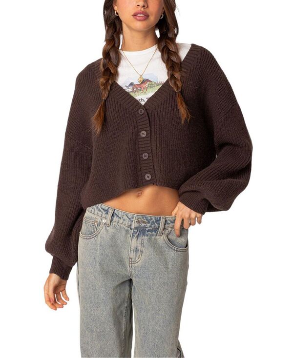 アディクテッド レディース アウター 編み物・スウェーター ジレー クロップド Edikted Sabrina Chunky Knit Cropped Cardigan Brown 赤銅色 セーター-ニット・セーター