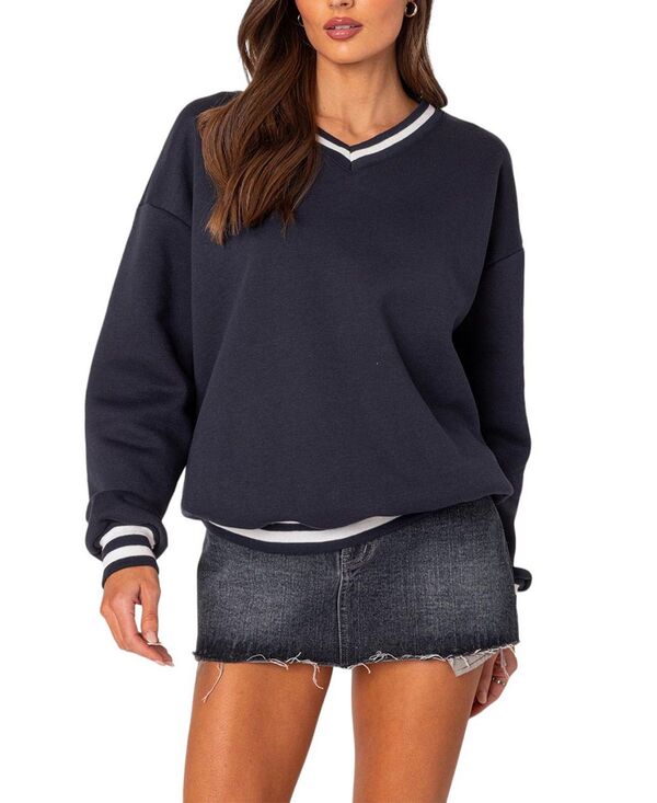 アディクテッド レディース アウター パーカー・スウェット Vネック シャツ Edikted Caryn Oversized V Neck Sweatshirt Navy ネイビー|ReVida 店