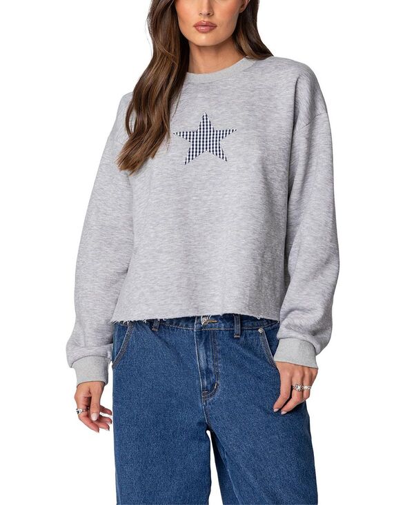 アディクテッド レディース アウター パーカー・スウェット ギンガムチェック シャツ ギンガム Edikted Gingham Star Sweatshirt Gray Melange グレー