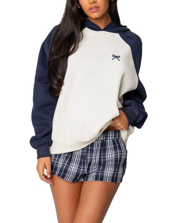 アディクテッド レディース アウター パーカー・スウェット Edikted Raglan Bow Oversized Hoodie Navy And Cream クリーム