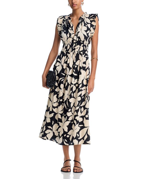 アクア レディース トップス ワンピース フラワー柄 ミディ フラワー AQUA Floral Short Sleeve Midi Dress - Exclusive Black/Ivory アイボリー