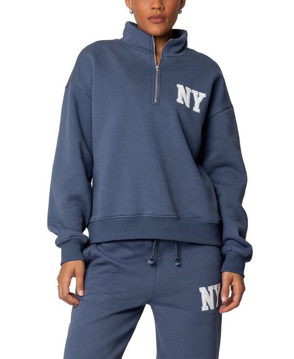 アディクテッド レディース アウター パーカー・スウェット ハーフジップ シャツ Edikted Ny Quarter Zip Sweatshirt Blue ブルー