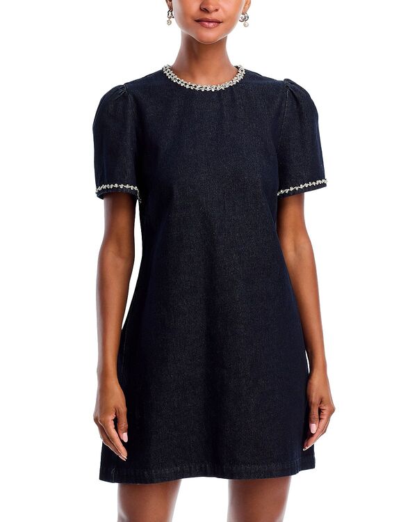 アクア レディース トップス 衣装 ジーンズ AQUA Crystal Denim Short Sleeve Shift Dress - Exclusive Dark Indigo インディゴ ワンピース-レディースファッション