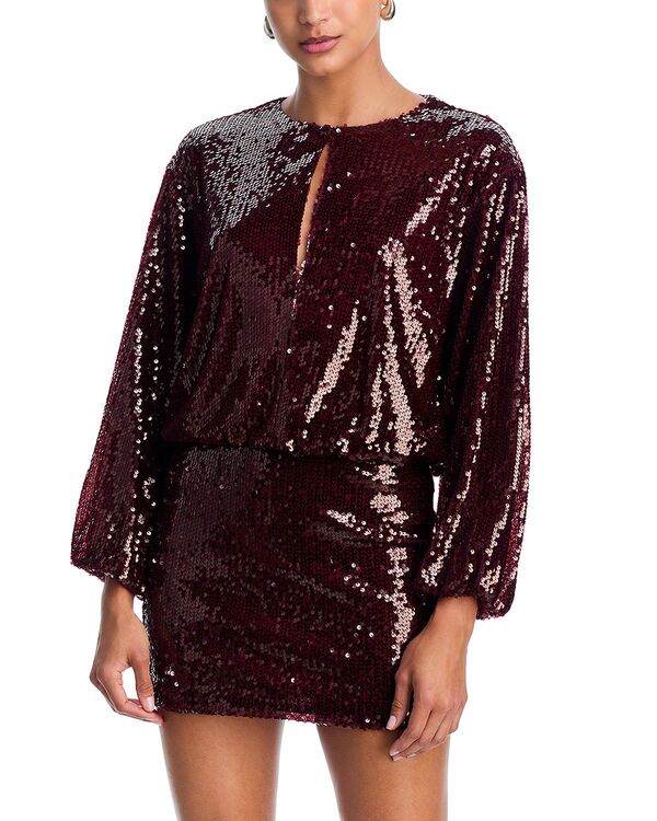 アクア レディース トップス ワンピース ミニ スパンコール AQUA Sequin Long Sleeve Mini Dress - Exclusive Burgundy バーガンディ