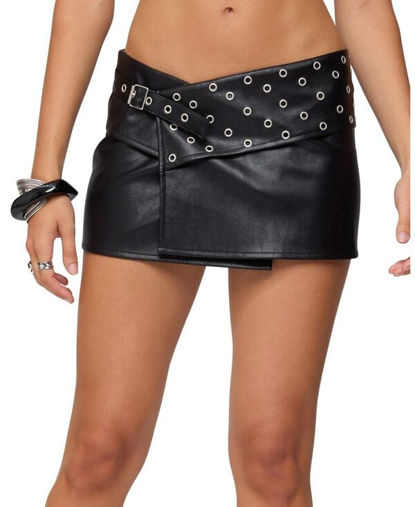 アディクテッド レディース ボトムスカート ミニ レザー フェイクレザー Edikted Crossover Grommet Faux Leather Mini Skirt Black ブラック｜ReVida 店