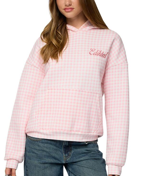アディクテッド レディース アウター パーカー・スウェット ギンガムチェック ギンガム Edikted Gingham Oversized Hoodie Pink ピンク｜ReVida 店