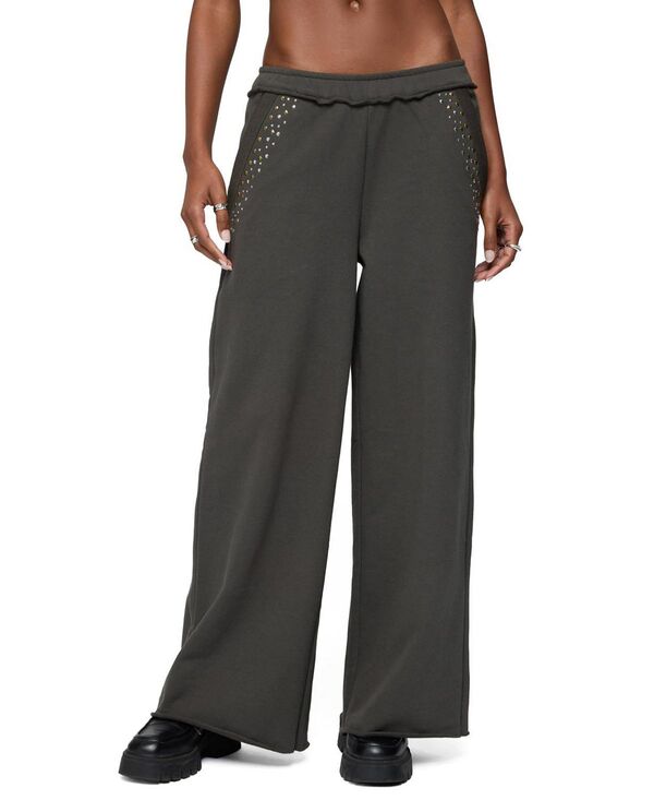 アディクテッド レディース ボトムス カジュアルパンツ ワイドレッグ スウェットパンツ Edikted Wrenn Studded Wide Leg Sweatpants Dark-Gray グレー|ReVida 店