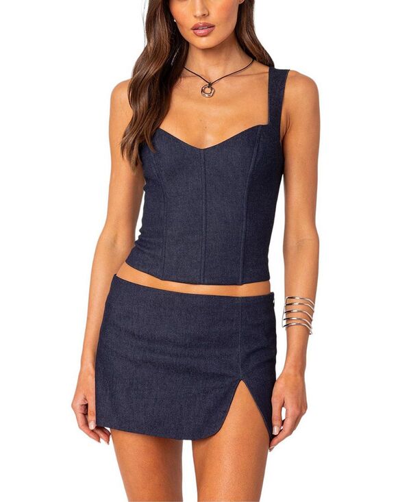 アディクテッド レディース トップス シャツ デニム レース Edikted Jemma Lace Up Denim Corset Dark Blue ブルー|ReVida 店