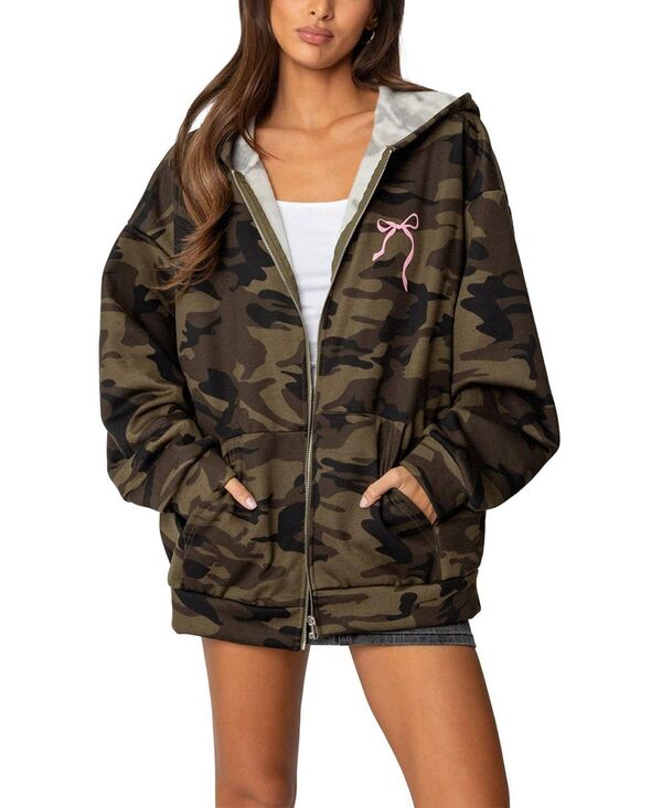 アディクテッド レディース アウター パーカー・スウェット Edikted Camoversized Bow Detail Hoodie Olive オリーブ|ReVida 店