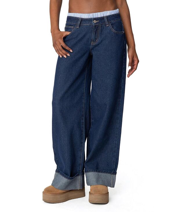 アディクテッド レディース ボトムス デニムパンツ ローライズ ジーンズ Edikted Striped Boxer Detailow Rise Dark Wash Jeans Dark Blue ブルー
