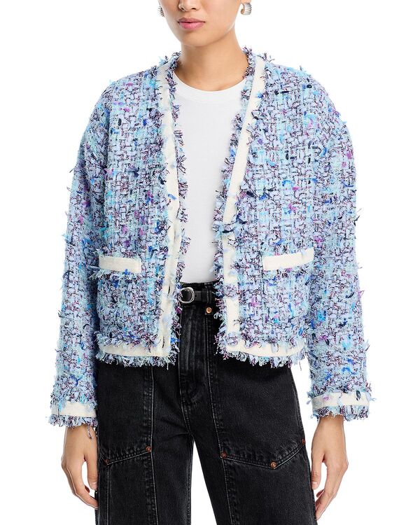 アクア レディース アウター 上衣・上衣 V素っ首 ツィード AQUA Ribbon Tweed V Neck Jacket - Exclusive Blue Multi 青み