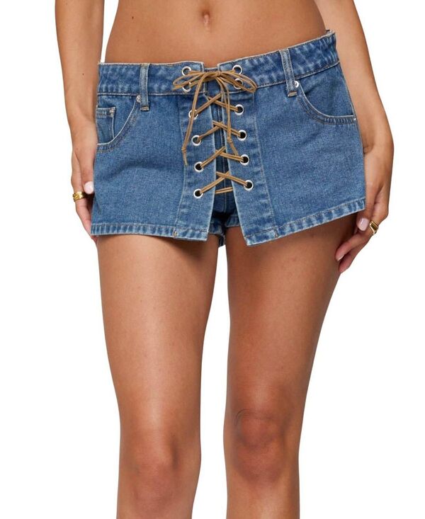 アディクテッド レディース ボトムスカート ミニ デニム レース Edikted Olivera Lace Up Denimini Skort Blue-Washed ブルー