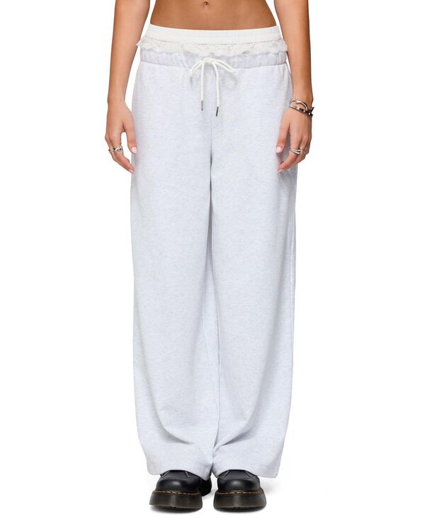 アディクテッド レディース ボトムス カジュアルパンツ フリル スウェットパンツ レース Edikted Tamia Peekaboo Ruffle Lace Sweatpants Light Grey Melange グレー｜ReVida 店