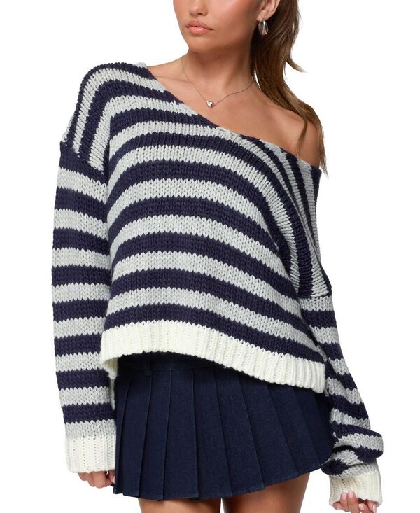 アディクテッド レディース アウター ニット・セーター Edikted Eugenie Oversized Striped Knit Sweater Navy ネイビー