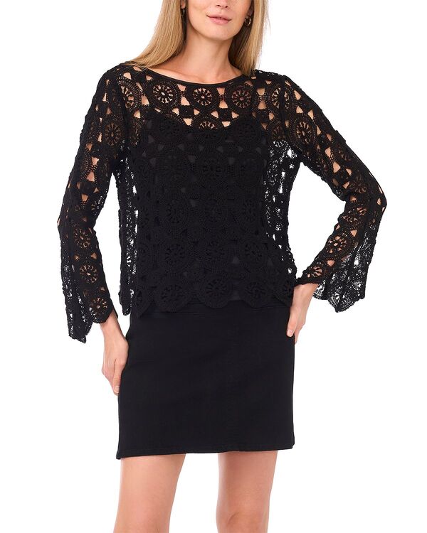 ヴィンスカムート レディース トップス シャツ クルーネックロップド ブラウス VINCE CAMUTO Crewneck Flare Sleeve Cropped Blouse Rich Black ブラック