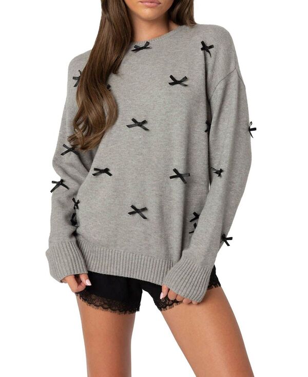 アディクテッド レディース アウター ニット・セーター サテン Edikted Satin Bow Oversized Sweater Gray Melange グレー
