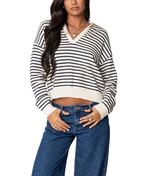 アディクテッド レディース アウター ニット・セーター Edikted Copenhagen Oversized Striped Sweater Navy And Cream クリーム
