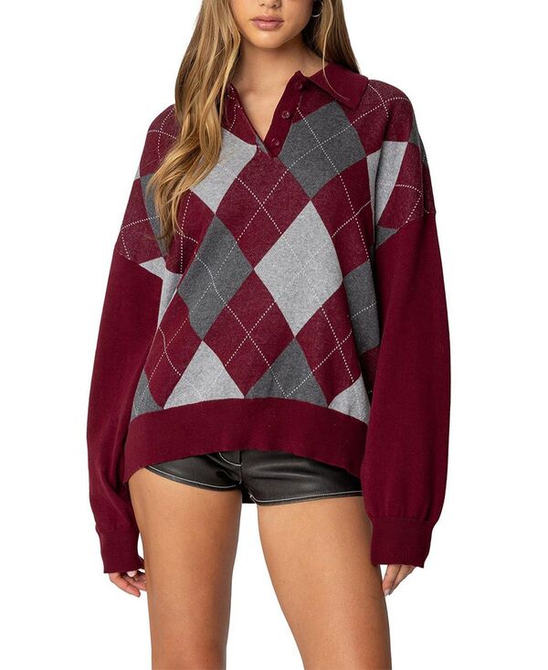 アディクテッド レディース アウター ニット・セーター ポロシャツ Edikted Argyle Oversized Polo Sweater Burgundy バーガンディ 13,306円
