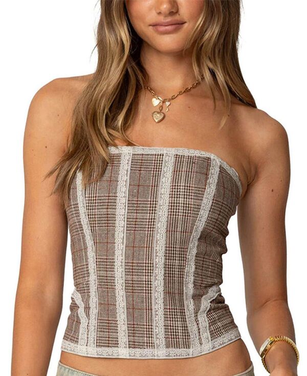 アディクテッド レディース トップス シャツ Edikted Jaiden Houndstooth Plaid Corset Brown ブラウン