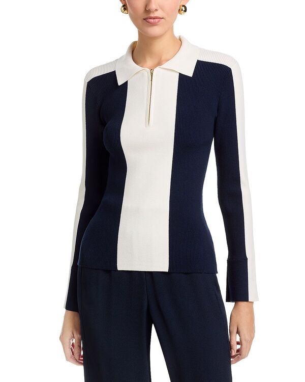 ティー・タハリ レディース アウター ニット・セーター ハーフジップ Tahari Long Bell Sleeved Color Blocked Collared Half Zip Sweater Navy/ White ホワイト