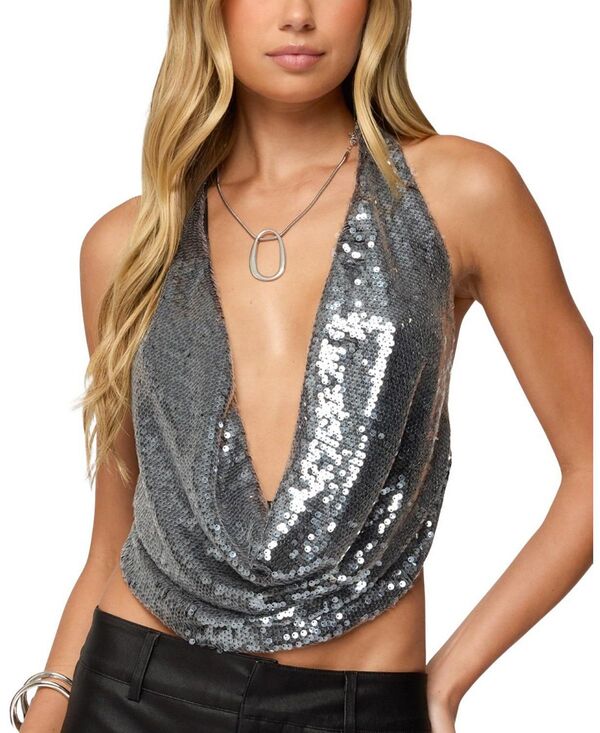 アディクテッド レディース トップス シャツ 背中開き スパンコール ホルター Edikted Sequin Backless Halter Neck Top Silver シルバー