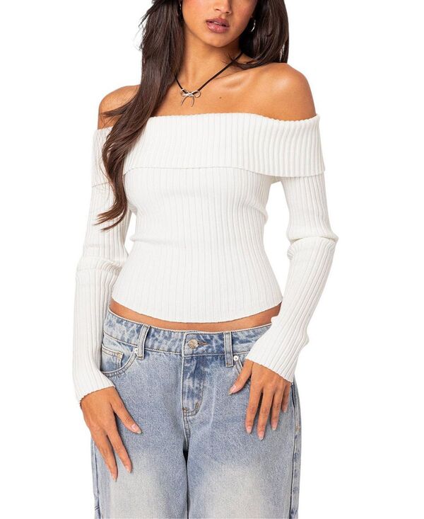 アディクテッド レディース トップス シャツ ニット Edikted Lauren Knit Fold Over Top White ホワイト