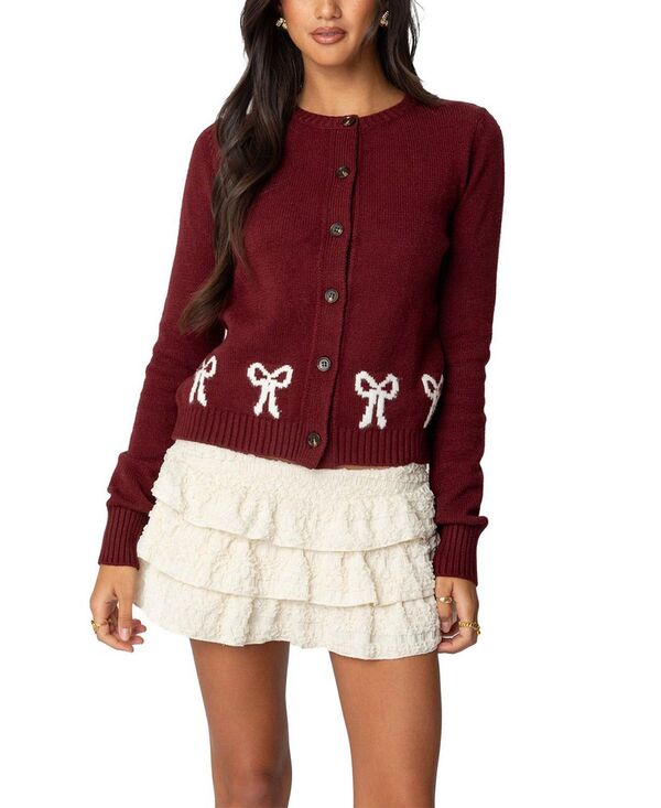 アディクテッド レディース アウター カーディガン ニット Edikted Rona Bow Knit Cardigan Burgundy バーガンディ