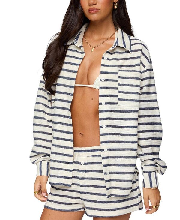 アディクテッド レディース トップス シャツ Edikted Collins Oversized Striped Button Up Shirt Navy-and-Cream クリーム