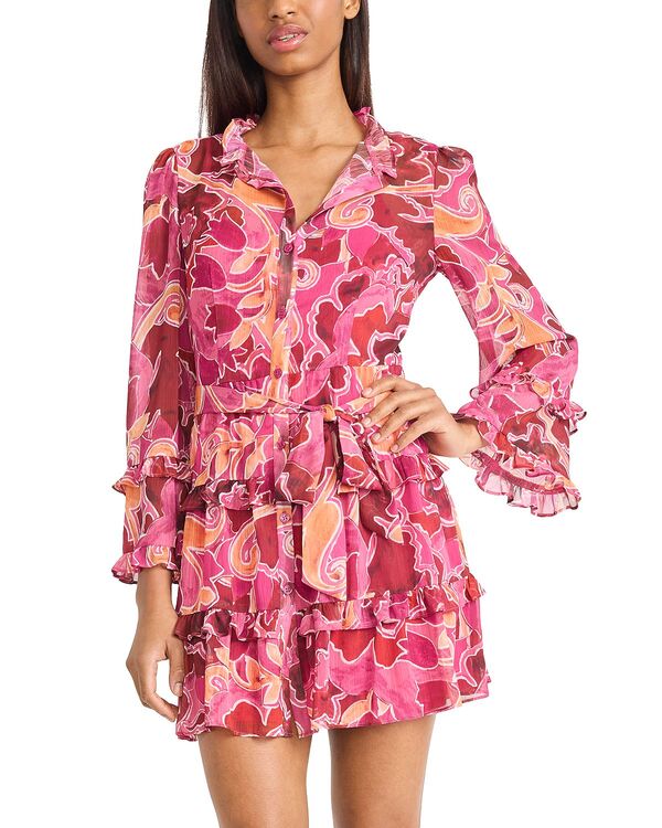 ドナモーガン レディース トップス 衣装 ティアード お花柄 フラウンス お花 Donna Morgan Floral Ruffle Tiered Button Front Dress Pink/ Red 赤いこと レディースファッション-ワンピース