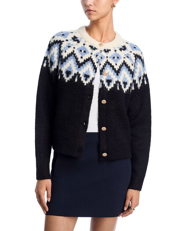アクア レディース アウター カーディガン クルーネック AQUA Fair Isle Crewneck Cardigan - Exclusive Navy ネイビー
