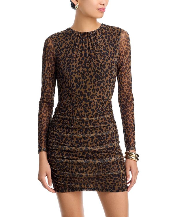 アクア レディース トップス ワンピース メッシュ AQUA Leopard Long Sleeve Mesh Dress - Exclusive Brown ブラウン