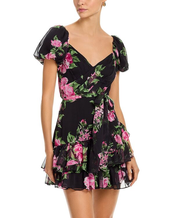 アクア レディース トップス ワンピース フラワー柄 ミニ フラワー AQUA Floral Short Sleeved Mini Dress - Exclusive Black/Pink ブラック