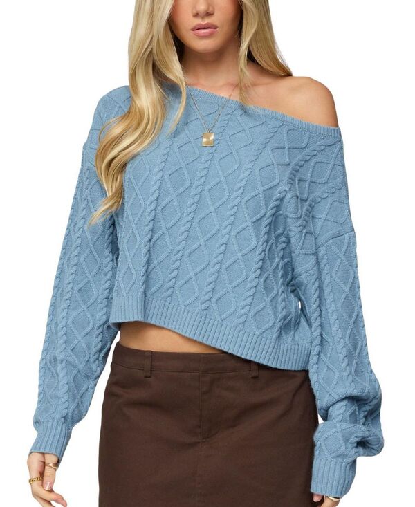 アディクテッド レディース アウター ニット・セーター Edikted Oversized Off Shoulder Cable Knit Sweater Blue ブルー