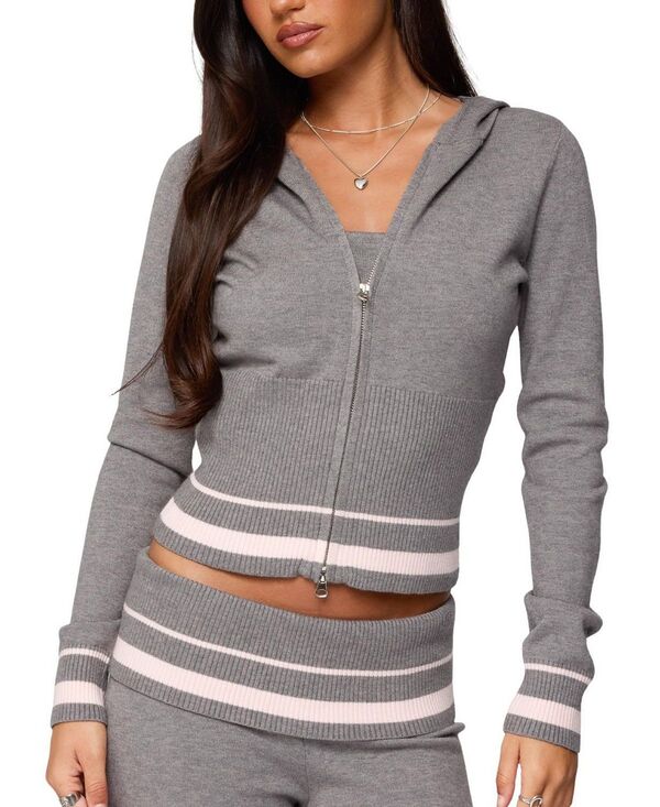 アディクテッド レディース アウター パーカー・スウェット 編み物 Edikted Kaliya Stripey Knit Zip Up Hoodie Gray-Melange 薄墨色