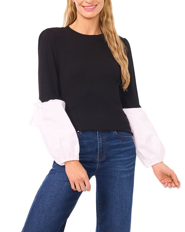 セセ レディース アウター ニット・セーター バルーンスリーブ CeCe Mixed Media Balloon Sleeve Sweater Black/ White ホワイト