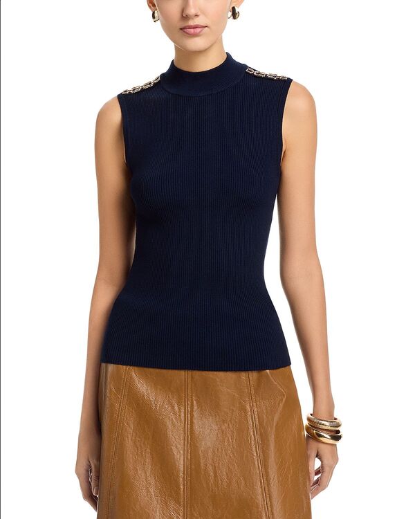 ティー・タハリ レディース アウター ニット・セーター モックネック ノースリーブ Tahari Sleeveless Rib Chain Trimock Neck Pullover Sweater Navy ネイビー