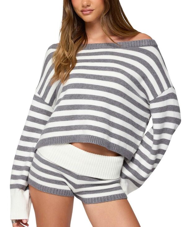 アディクテッド レディース アウター ニット・セーター Edikted Saphi Striped Oversized Knit Sweater Gray-And-White ホワイト