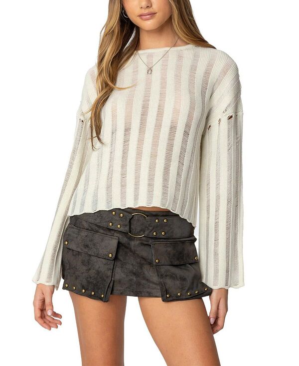 アディクテッド レディース アウター ニット・セーター Edikted Stripey Shredded Sweater Cream クリーム
