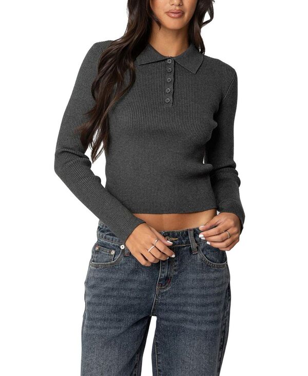 アディクテッド レディース トップス シャツ リブ ニット Edikted Mollie Collared Ribbed Knitop Green-Melange グリーン