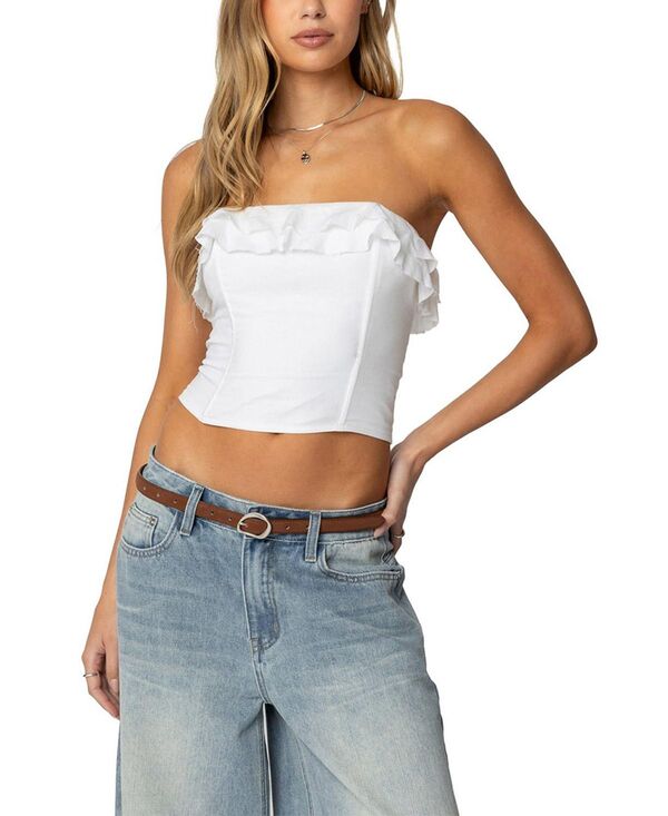 アディクテッド レディース トップス シャツ フリル リネン Edikted Litsa Ruffled Linen Look Corset White ホワイト｜ReVida 店