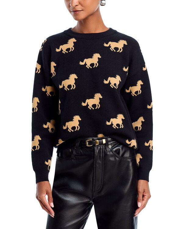 アクア レディース アウター ニット・セーター クルーネック AQUA Horse Crewneck Sweater - Exclusive Black/Camel ブラック