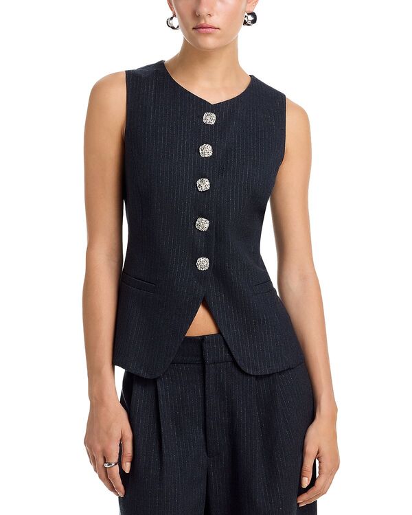 アクア レディース アウター ベスト AQUA Pinstripe Rhinestone Button Vest - Exclusive Navy ネイビー