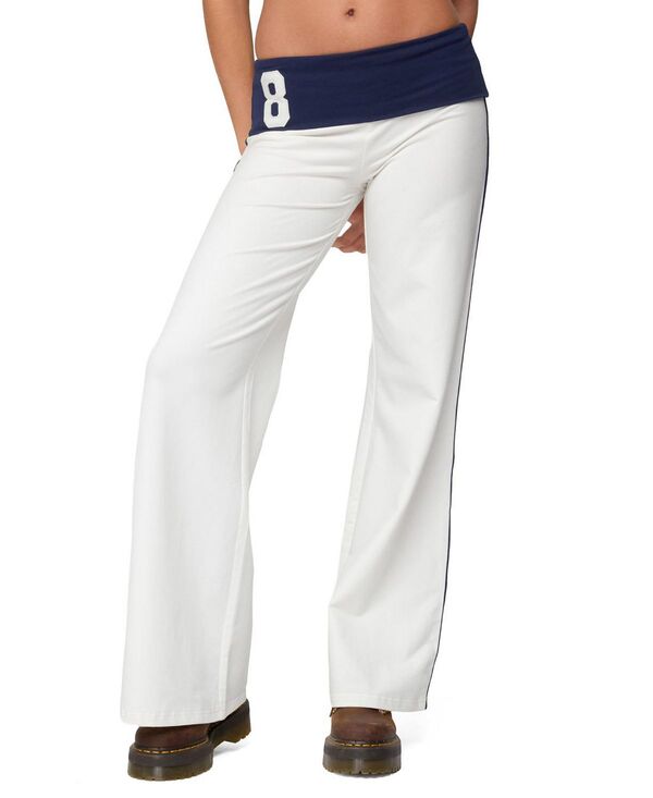 アディクテッド レディース ボトムス 心地好いズボン下 ワイドレッグ 対照 Edikted 8 Contrast Fold Over Wide Leg Pants White-and-Navy 白いこと