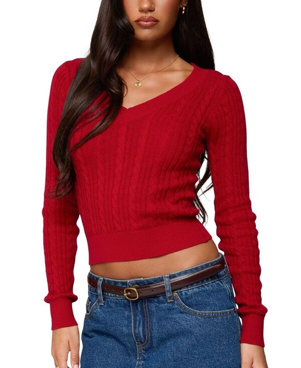 アディクテッド レディース トップス シャツ Vネック ニット Edikted Ashlee V Neck Cable Knitop Red レッド