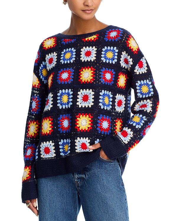 アクア レディース アウター ニット・セーター パッチワーク AQUA Rainbow Crochet Patchwork Sweater Navy ネイビー